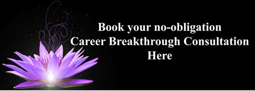 Purple lotus on black background and invitation to book a career breakthrough consultation